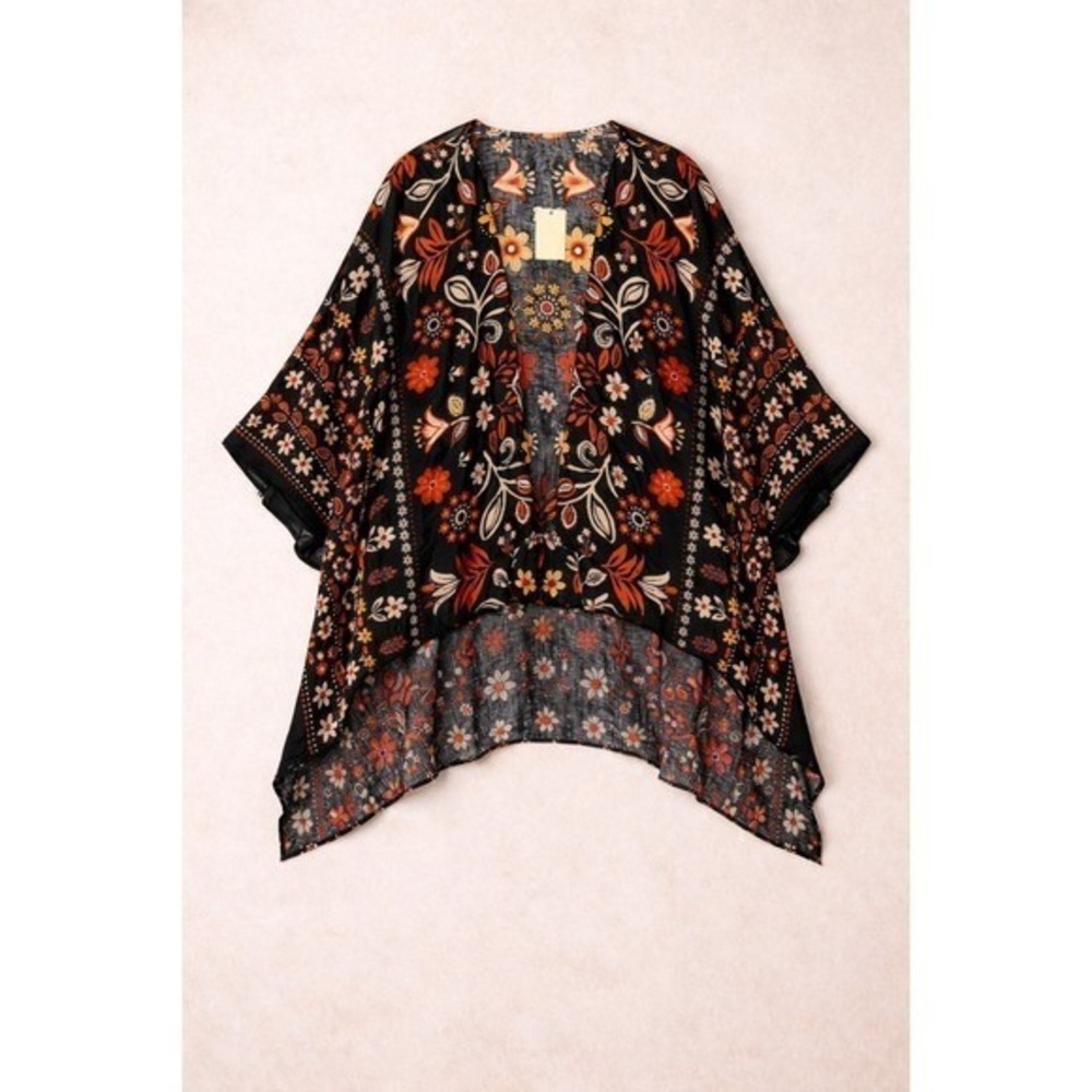 NWT Easel Kimono Robe M Long Dark Floral Open Boho Oversized Whimsigoth